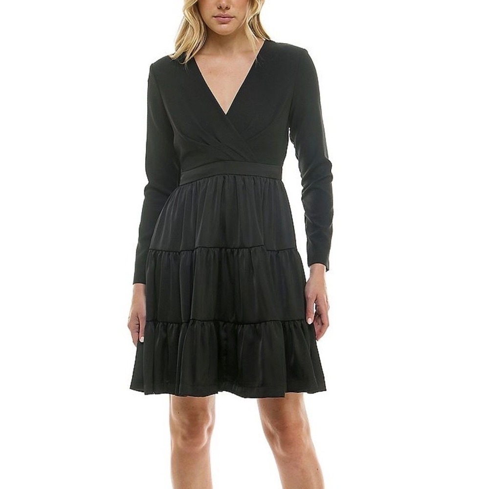 Taylor‎ Women's 10 Tiered Skirt Dress Black Long Sleeve V-Neck Mixed Media NEW